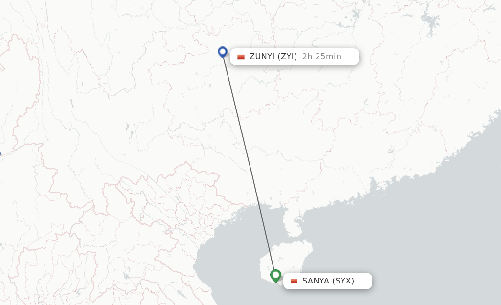Flights from Sanya to Zunyi route map