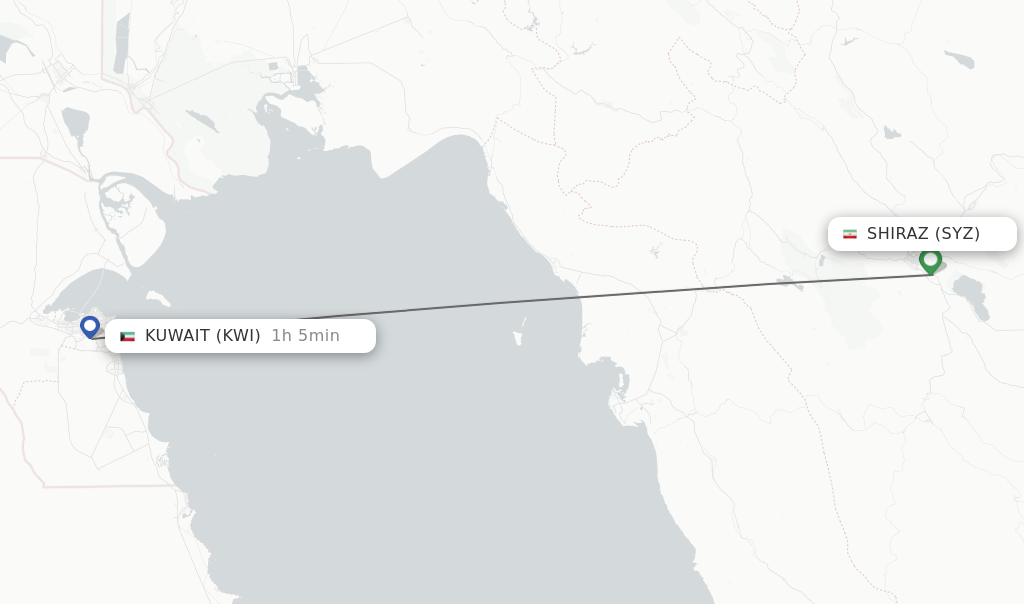 Flights from Shiraz to Kuwait route map
