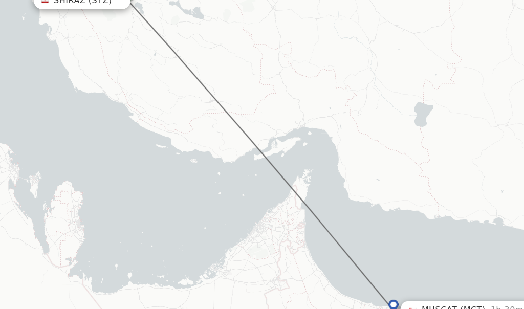 Flights from Shiraz to Muscat route map