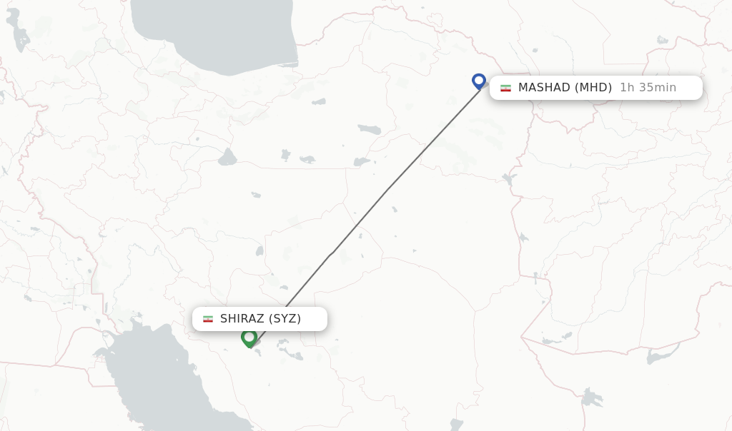 Flights from Shiraz to Mashad route map