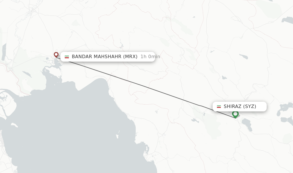 Flights from Shiraz to Bandar Mahshahr route map