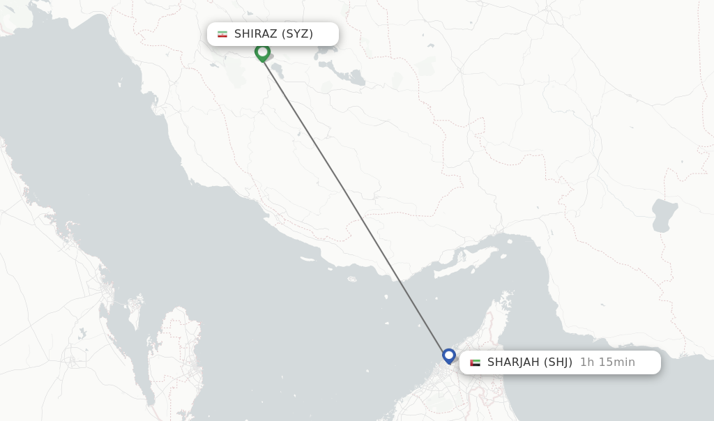 Flights from Shiraz to Sharjah route map