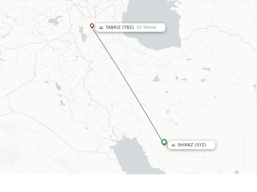 Flights from Shiraz to Tabriz route map