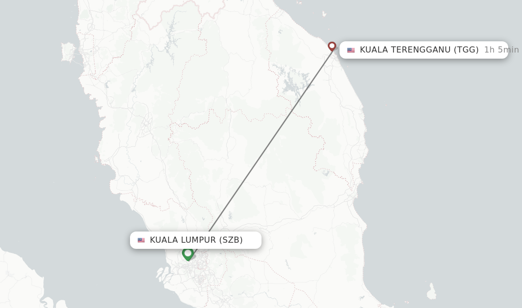 Flights from Kuala Lumpur to Kuala Terengganu route map