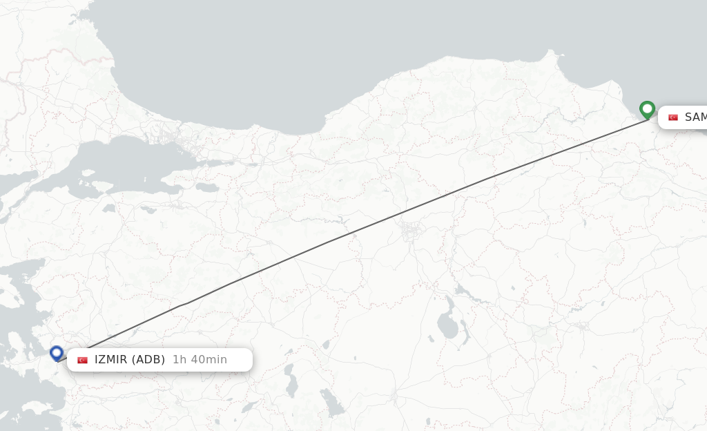 Flights from Samsun to Izmir route map
