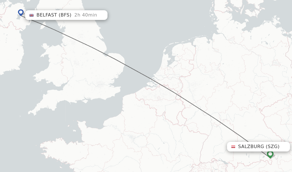 Flights from Salzburg to Belfast route map
