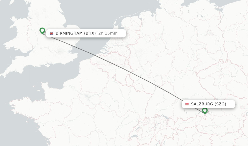 Flights from Salzburg to Birmingham route map
