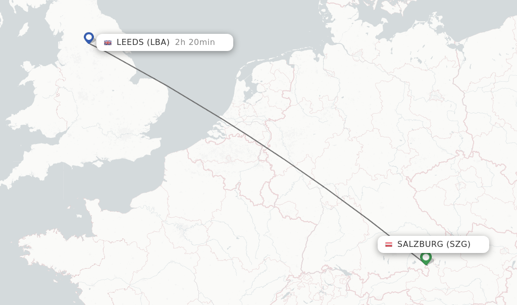 Flights from Salzburg to Leeds route map