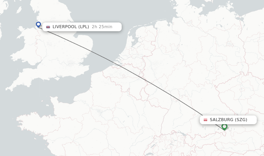Flights from Salzburg to Liverpool route map