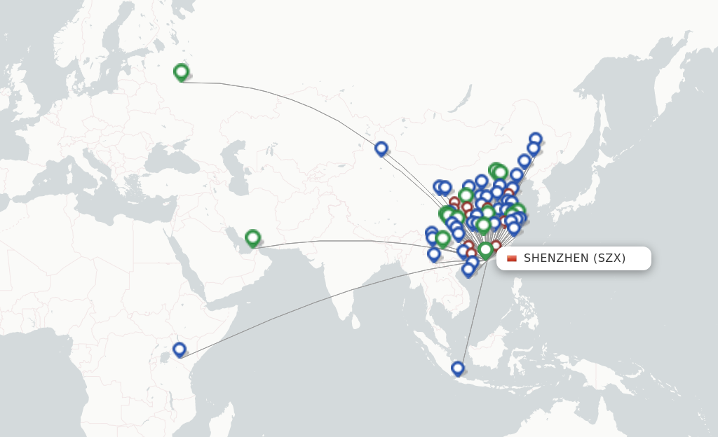 Route map with flights from Shenzhen with China Southern Airlines