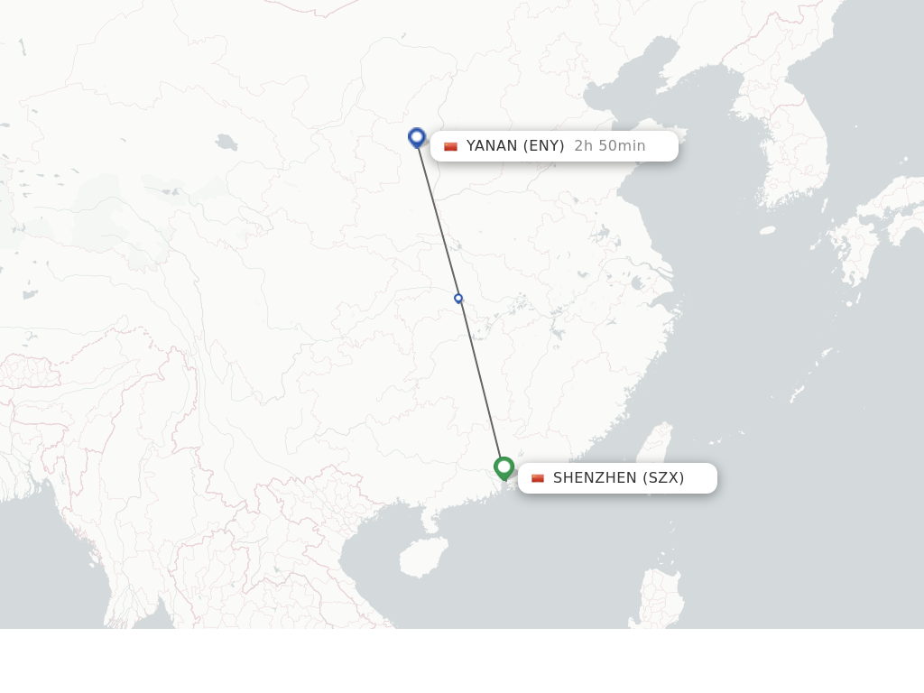 Flights from Shenzhen to Yan'an route map