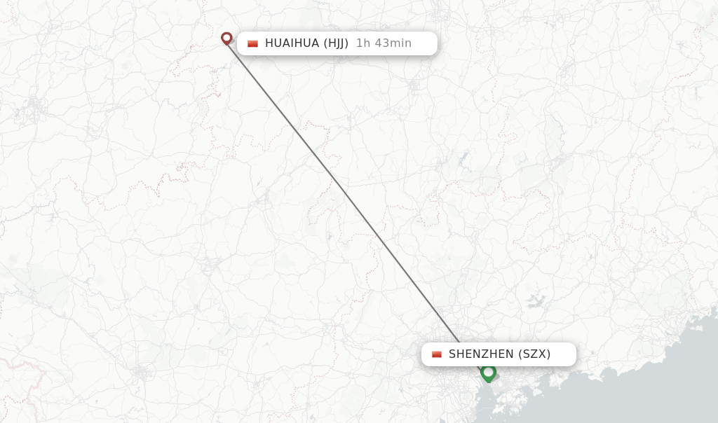 Flights from Shenzhen to Huaihua route map