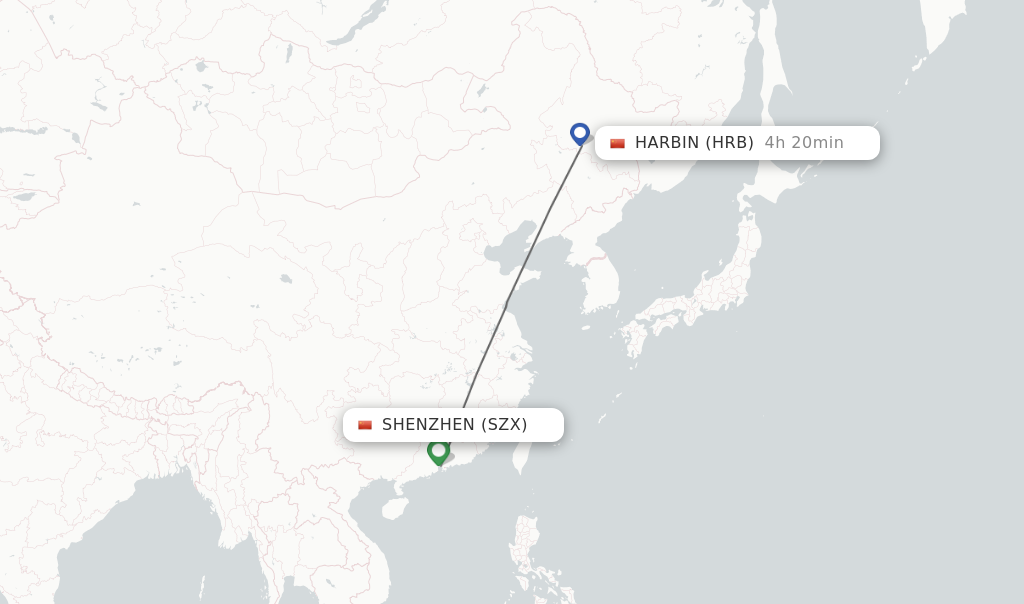 Flights from Shenzhen to Harbin route map