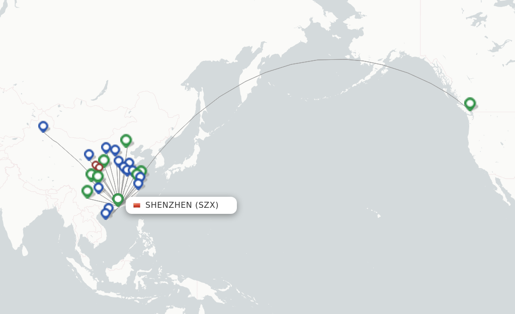 Route map with flights from Shenzhen with Hainan Airlines