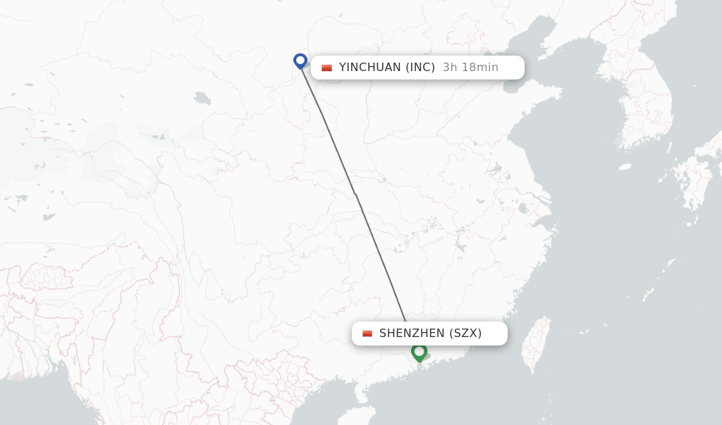 Flights from Shenzhen to Yinchuan route map