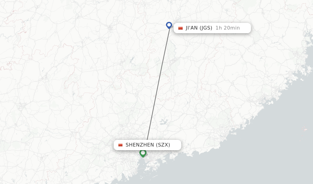 Flights from Shenzhen to Ji'An route map