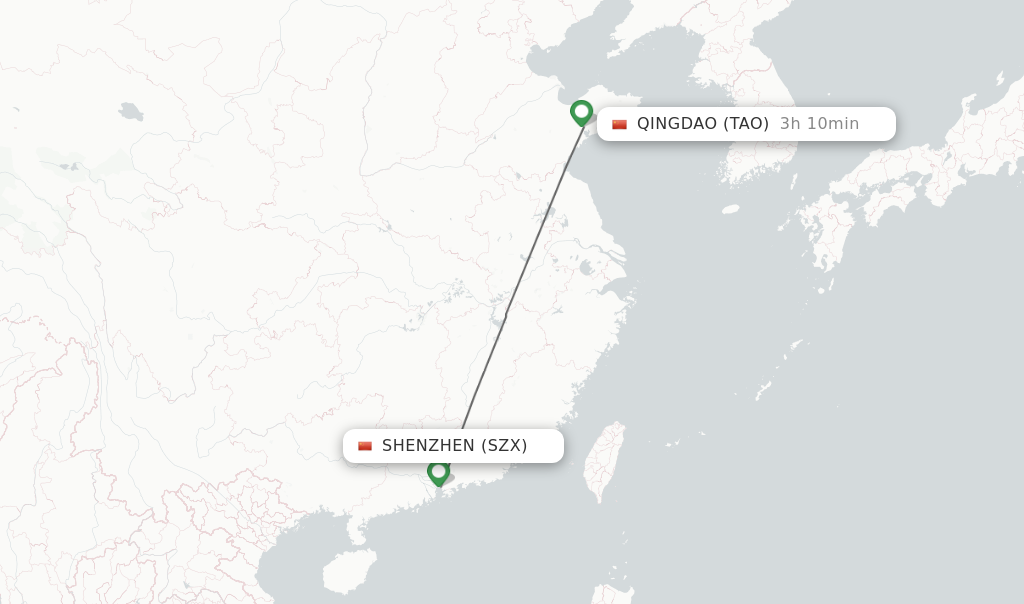 Flights from Shenzhen to Qingdao route map