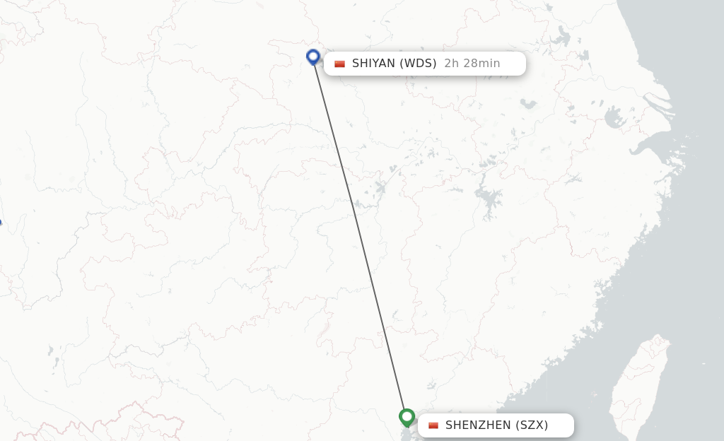 Flights from Shenzhen to Shiyan route map
