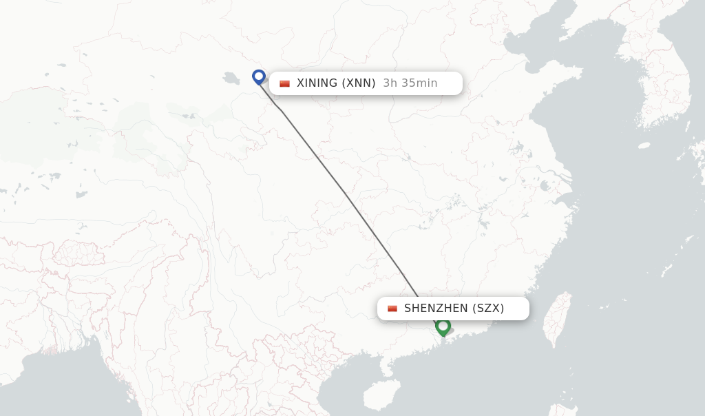 Flights from Shenzhen to Xining route map