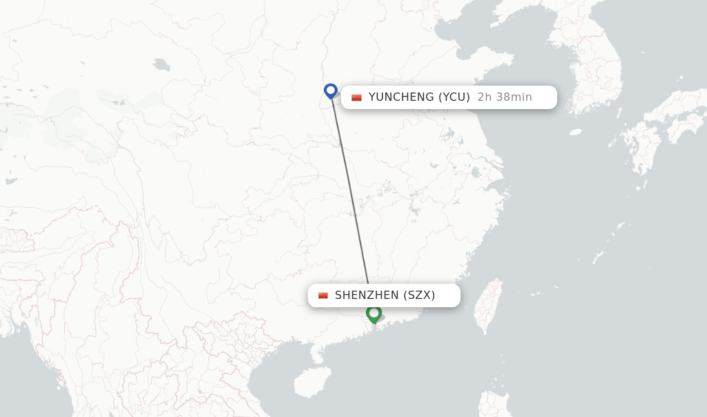 Flights from Shenzhen to Yuncheng route map