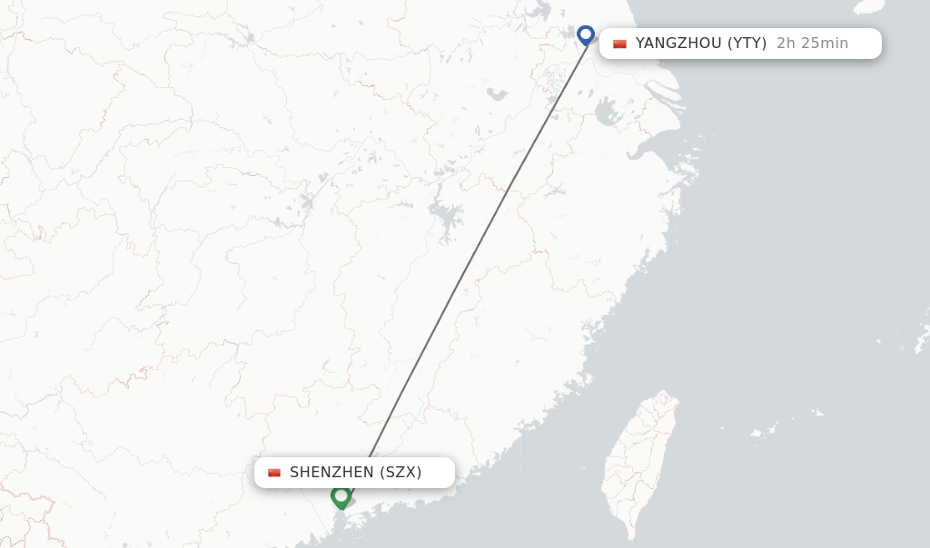 Flights from Shenzhen to Yangzhou route map
