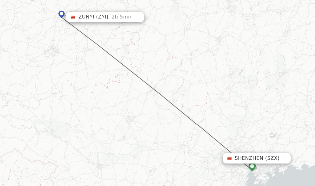 Flights from Shenzhen to Zunyi route map