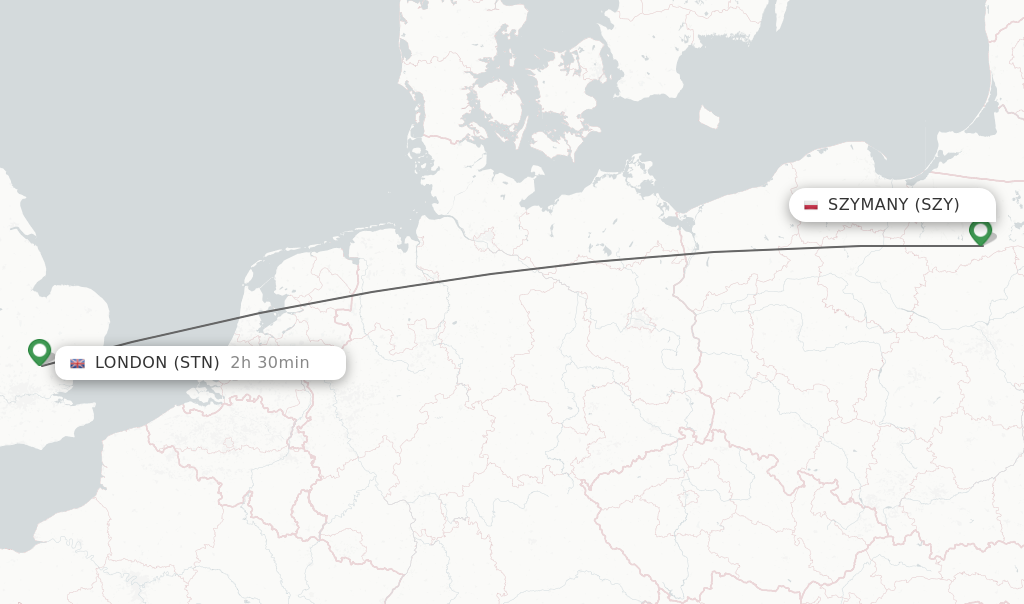 Flights from Szymany to London route map