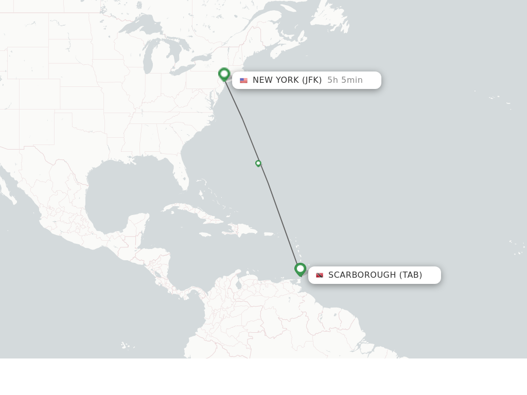 Flights from Tobago to New York route map