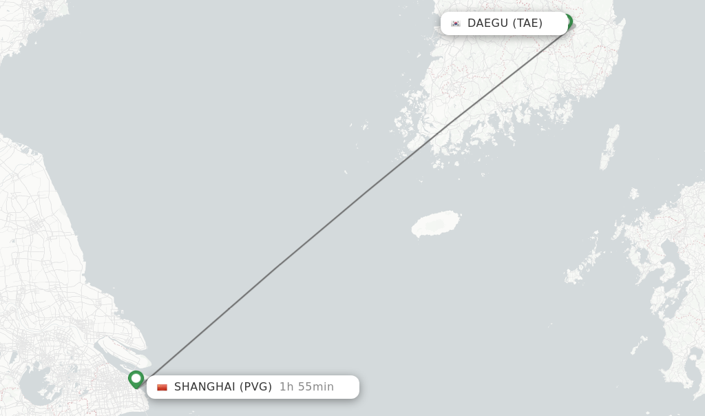 Flights from Daegu to Shanghai route map