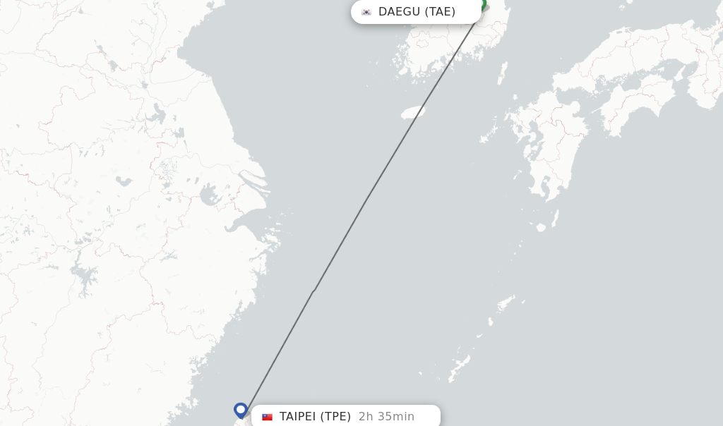 Flights from Daegu to Taipei route map