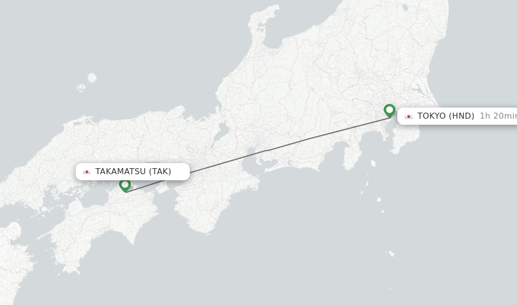 Flights from Takamatsu to Tokyo route map