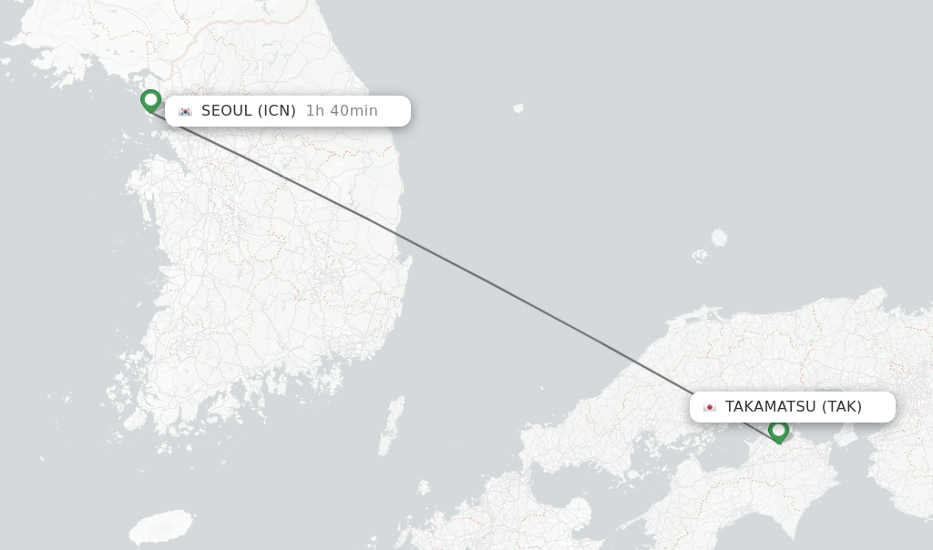 Flights from Takamatsu to Seoul route map