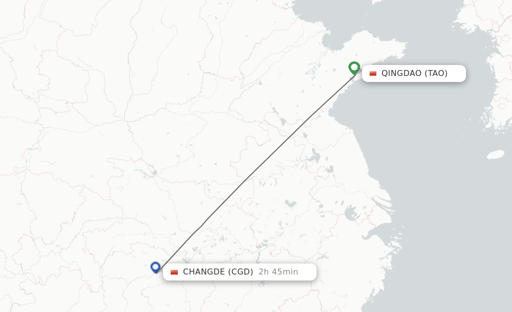 Flights from Qingdao to Changde route map