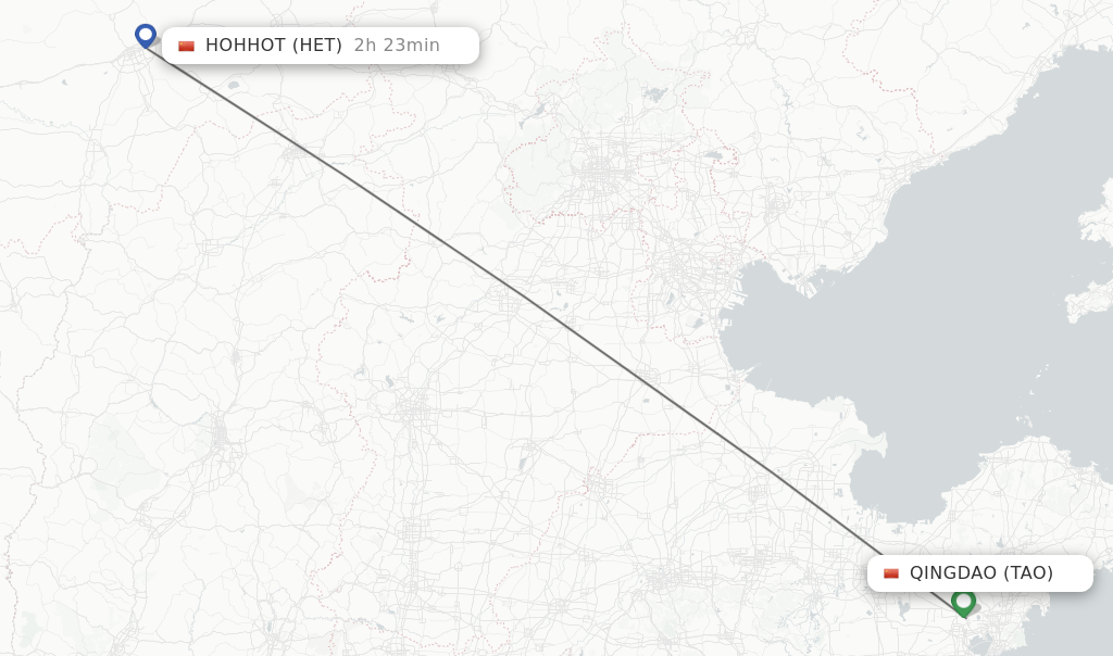 Flights from Qingdao to Hohhot route map