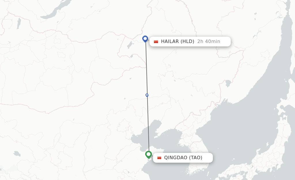 Flights from Qingdao to Hailar route map