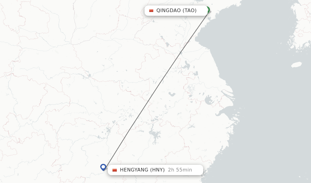 Flights from Qingdao to Hengyang route map