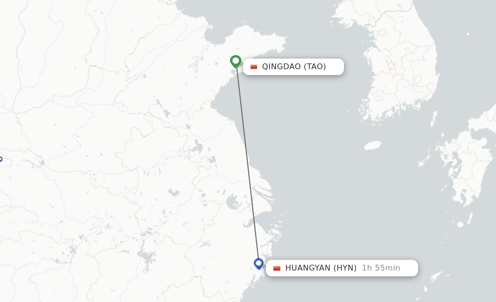 Flights from Qingdao to Taizhou route map
