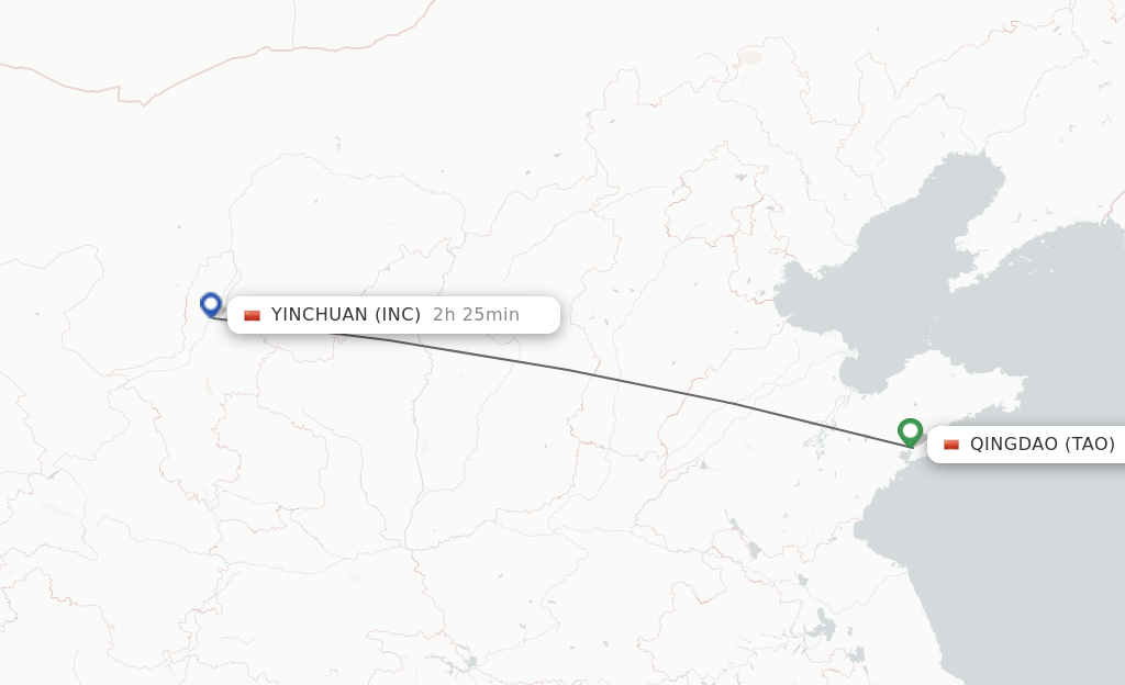 Flights from Qingdao to Yinchuan route map