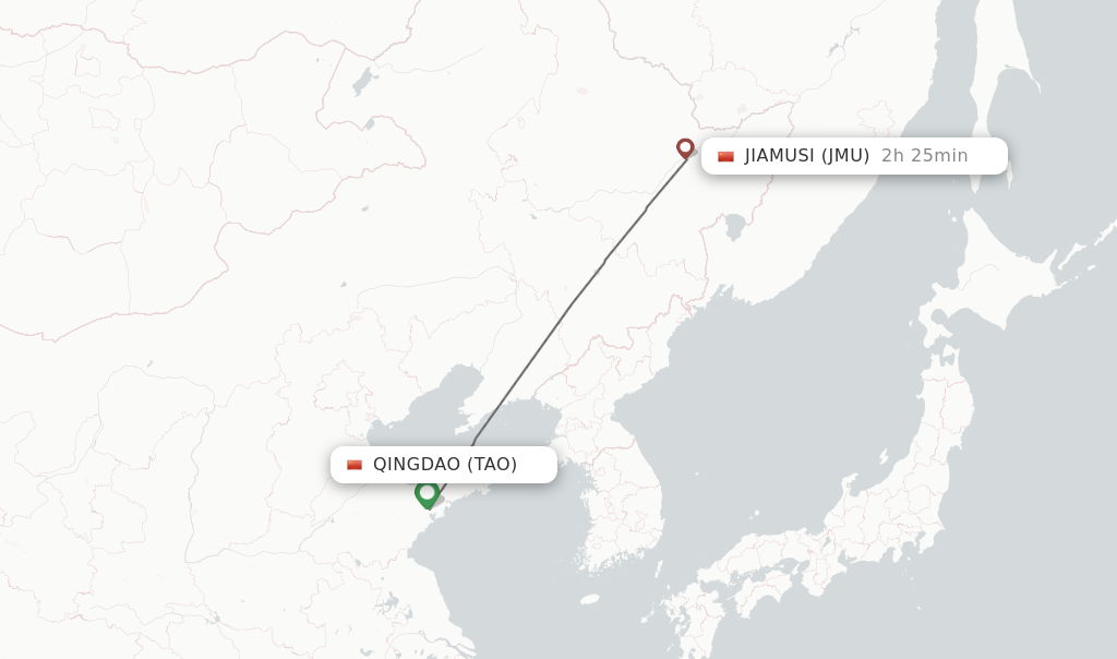 Flights from Qingdao to Jiamusi route map