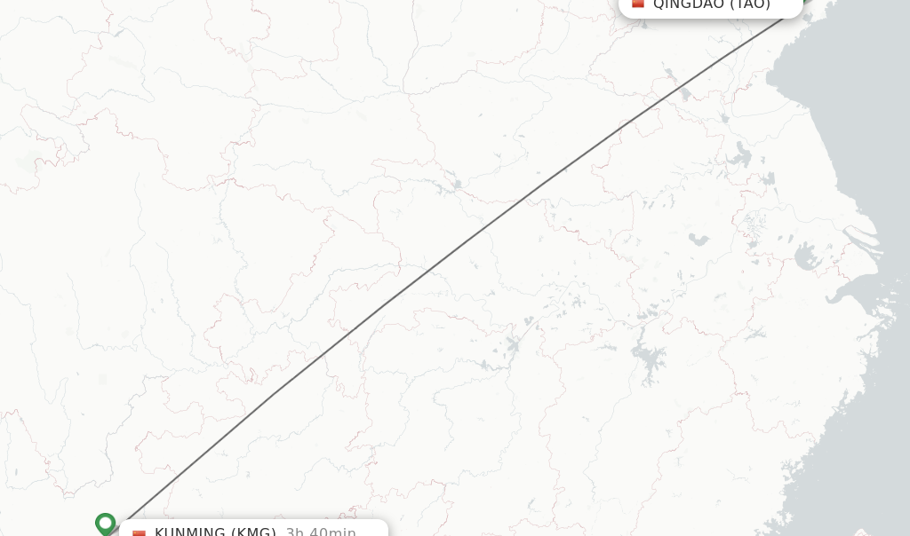 Flights from Qingdao to Kunming route map