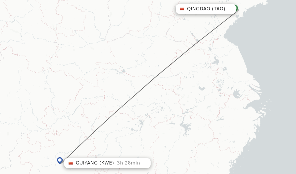 Flights from Qingdao to Guiyang route map