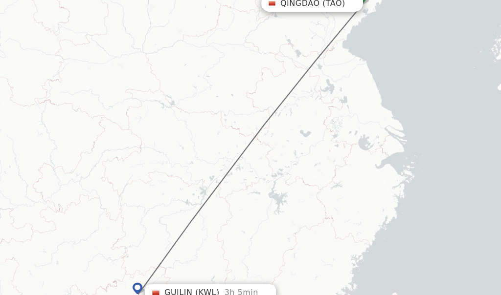 Flights from Qingdao to Guilin route map