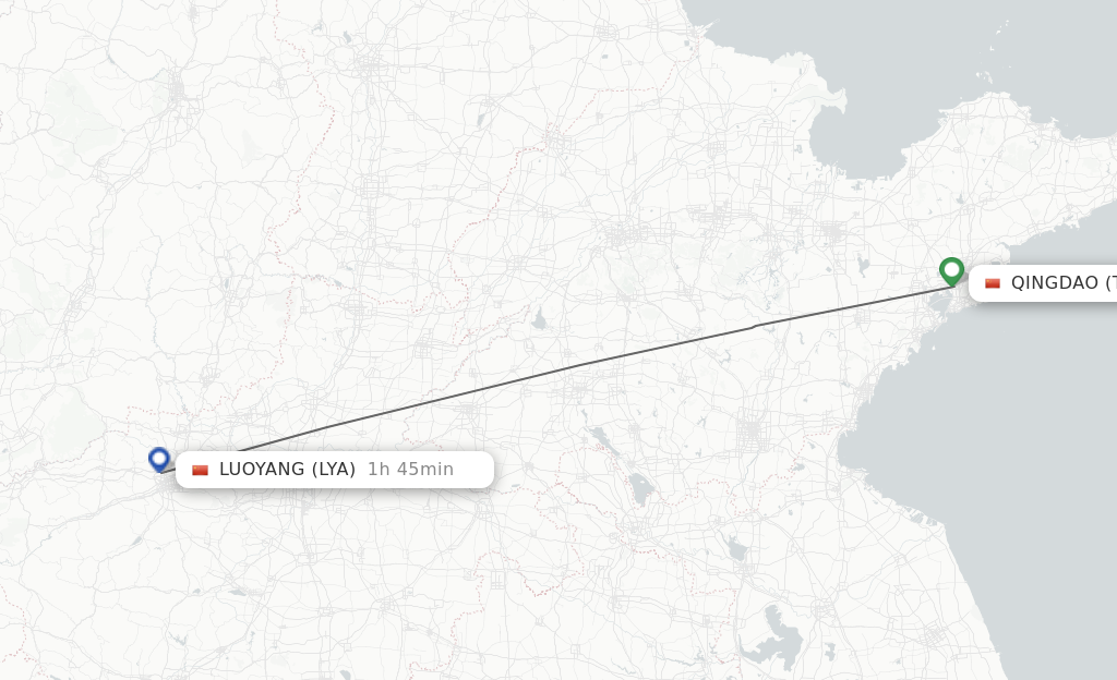 Flights from Qingdao to Luoyang route map