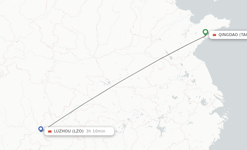 Flights from Qingdao to Luzhou route map