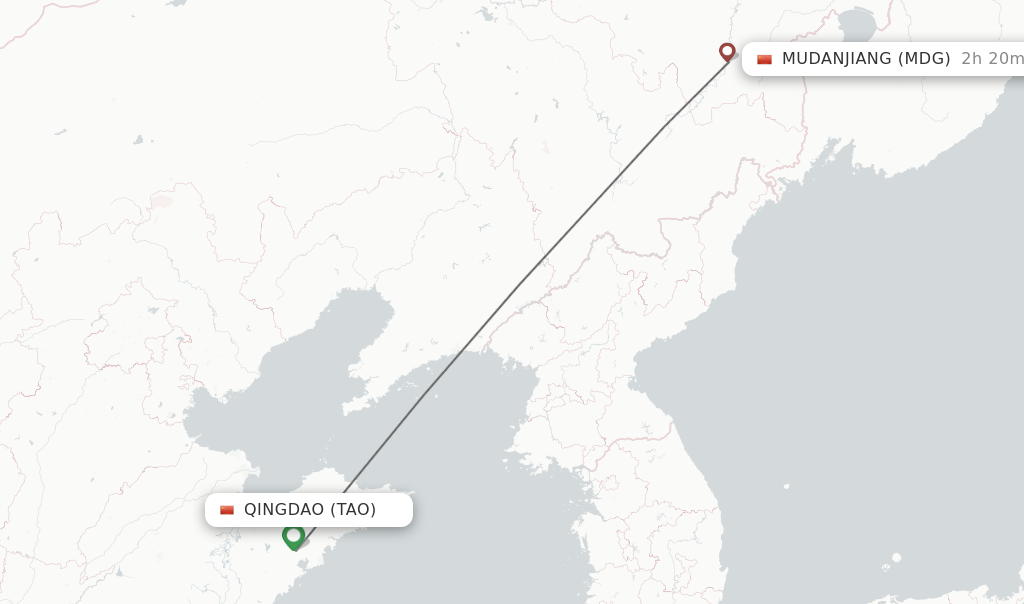 Flights from Qingdao to Mudanjiang route map