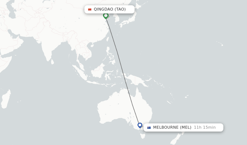 Flights from Qingdao to Melbourne route map