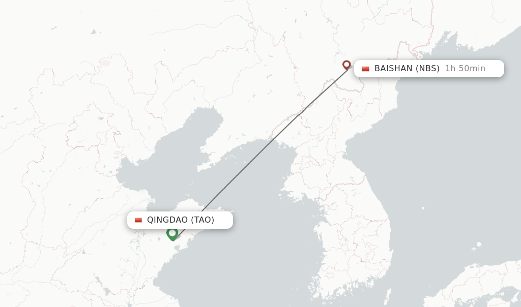 Flights from Qingdao to Baishan route map