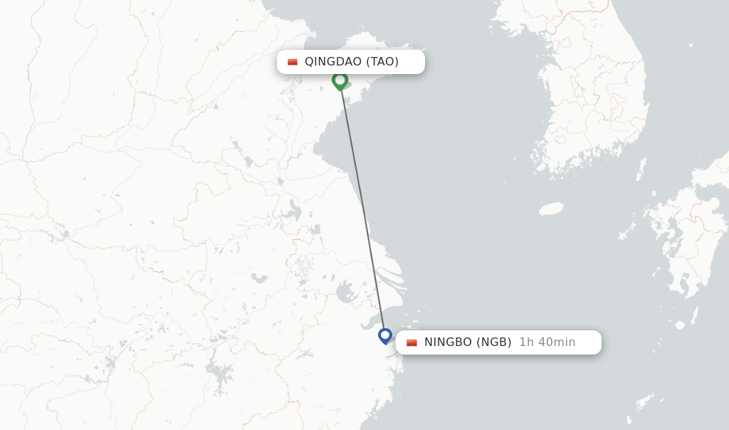 Flights from Qingdao to Ningbo route map