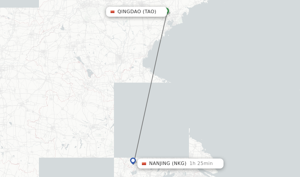 Flights from Qingdao to Nanjing route map