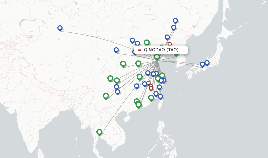Route map with flights from Qingdao with Shandong Airlines